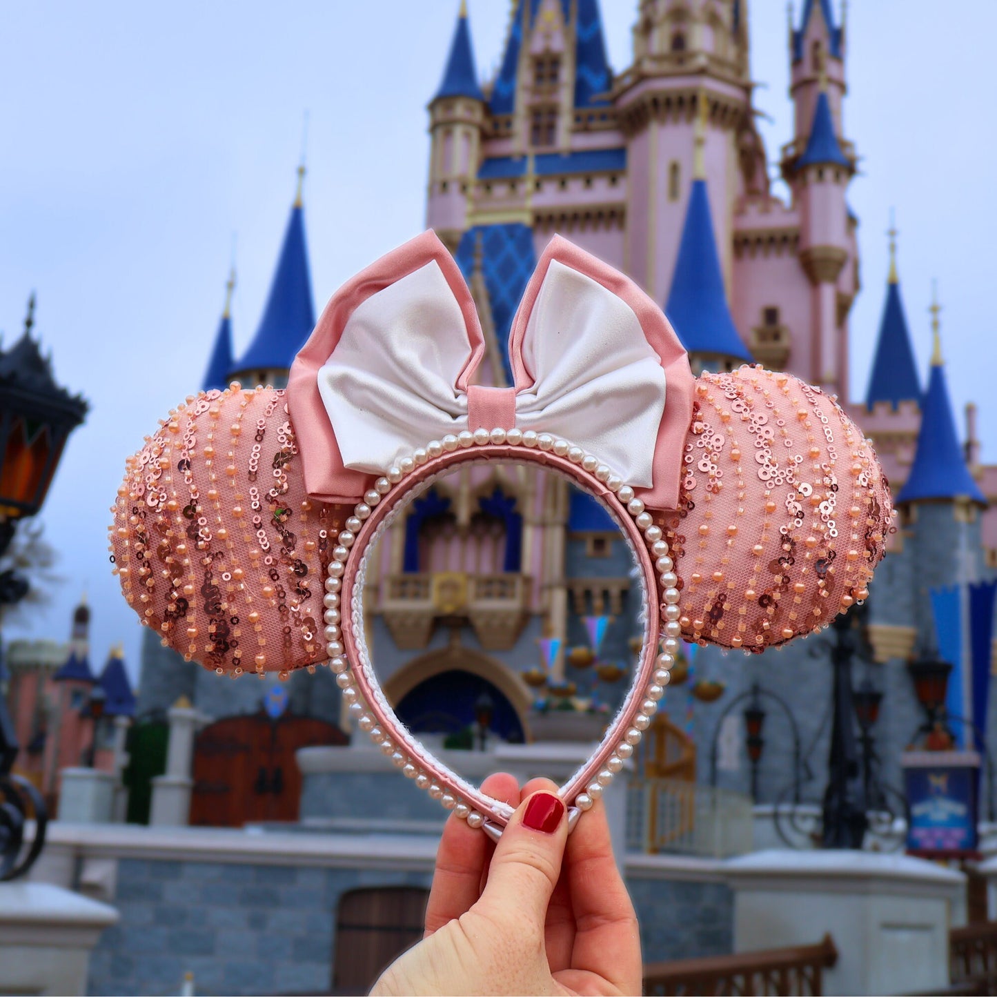 Pink Beaded Minnie Ears | Pearl Beaded Disney Ears